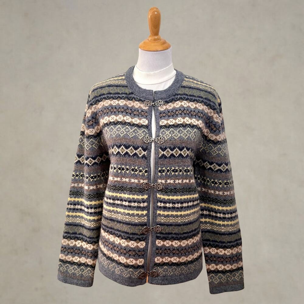 Vintage 90s Cambridge Dry Goods 100% Wool Fair Isle Cardigan Sweater XL Nordic